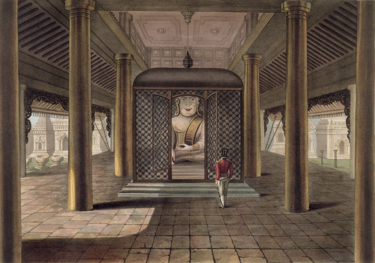 A soldier standing in a Rangoon temple, engraved by George Hunt, 1825 (coloured aquatint) by Joseph Moore