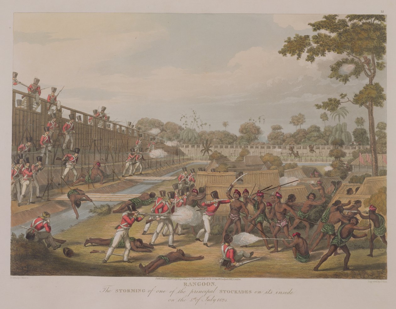 Rangoon: 8 Temmuz 1824'te Ana Çarşılardan birinin Fırtınası, 'Rangoon Views'dan levha 15, George Hunt tarafından kazınmış, 1825 (aquatint) by Joseph Moore