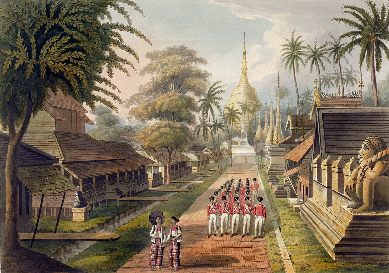 Rangoon'daki Büyük Dagon Pagodasına Temel Yaklaşım, 'Rangoon Views'dan 3. levha, T. Fielding tarafından oyulmuş, 1825 (aquatint) by Joseph Moore