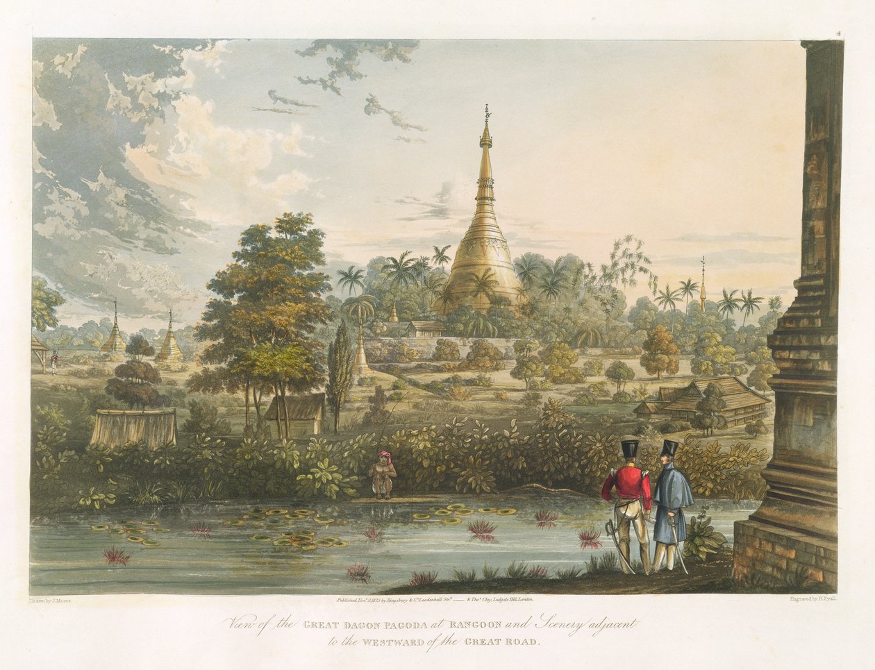 Rangoon'daki Büyük Dagon Pagoda'nın Batı'dan görünümü, Henry Pyall (1795-1833) 1825-26 tarafından oyulmuş by Joseph Moore
