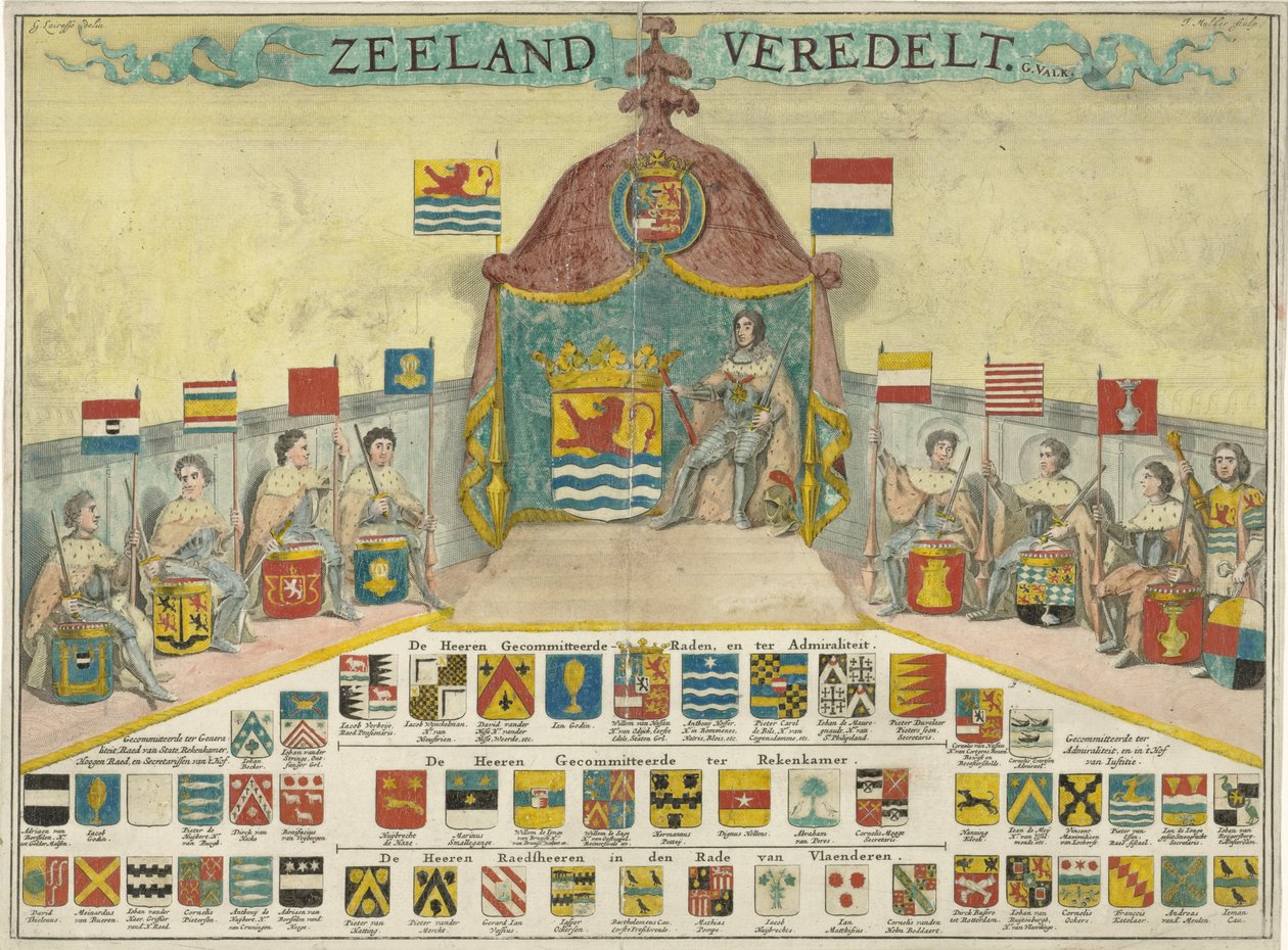 Zeeland Taahhütlü Konseyleri ve Zeeland şehirlerinin silahları ve isimleri Zeeland ırkları (nesne üzerindeki başlık) by Joseph Mulder