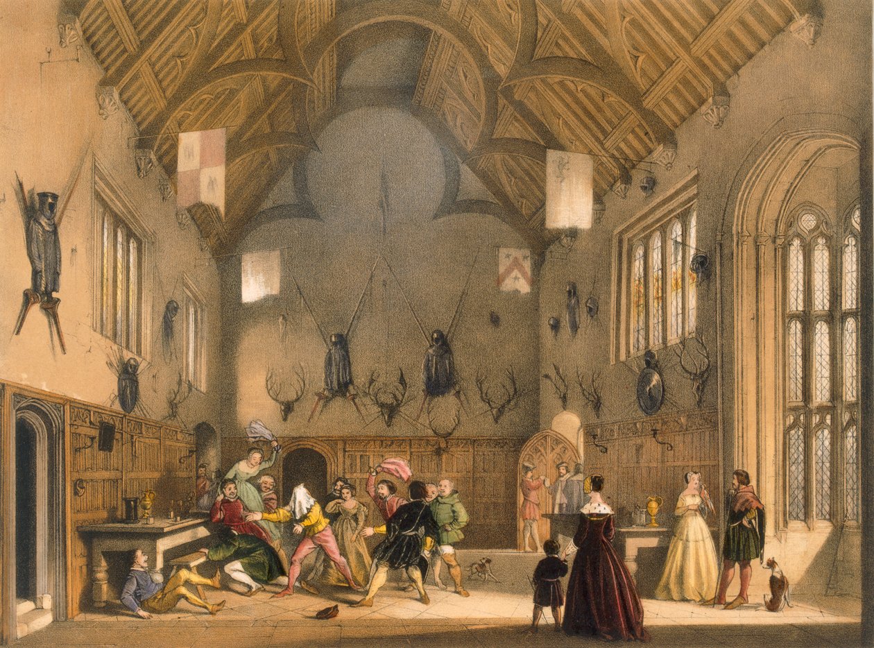 1600'lerin ortalarında Athelhampton Hall'da oynanan Blind Man's Buff, 1838'de yayınlanan 'Mimarlık of the Middle Ages'den by Joseph Nash