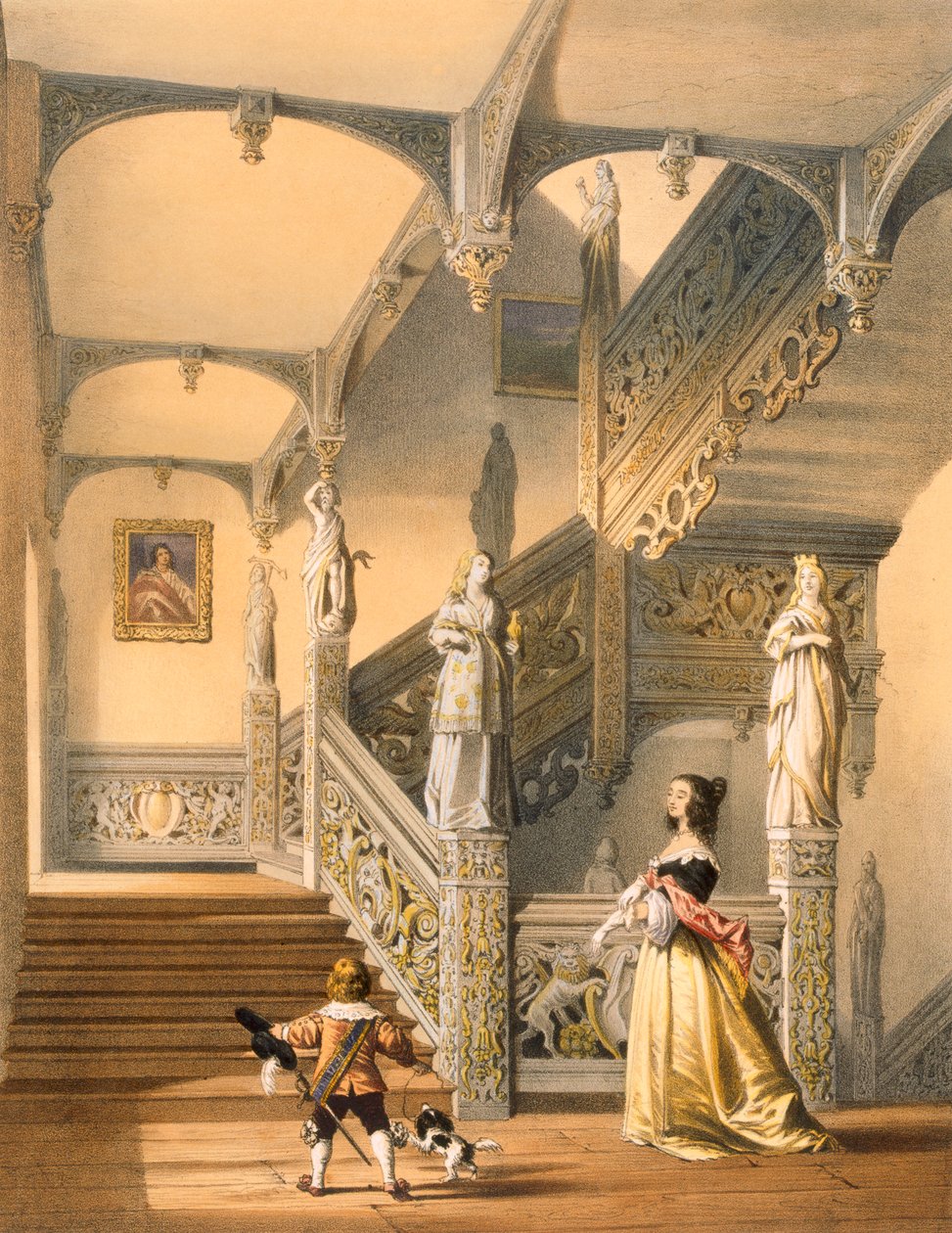 Grand Elizabeth dönemi merdivenleri, Aldermaston, Berkshire. by Joseph Nash