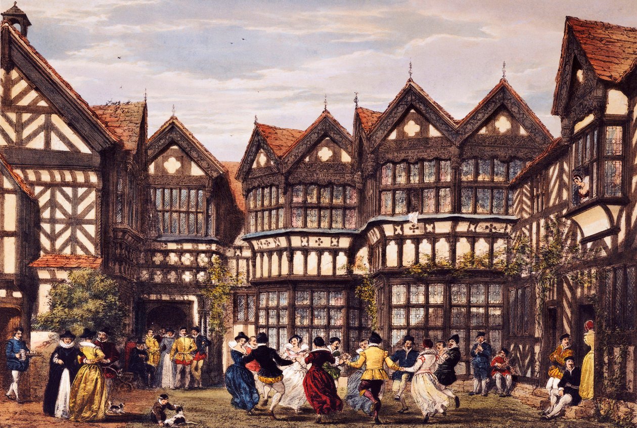 Little Moreton Hall, Cheshire, "Eski Zamanda İngiltere Malikaneleri"nden, 1839-40 by Joseph Nash