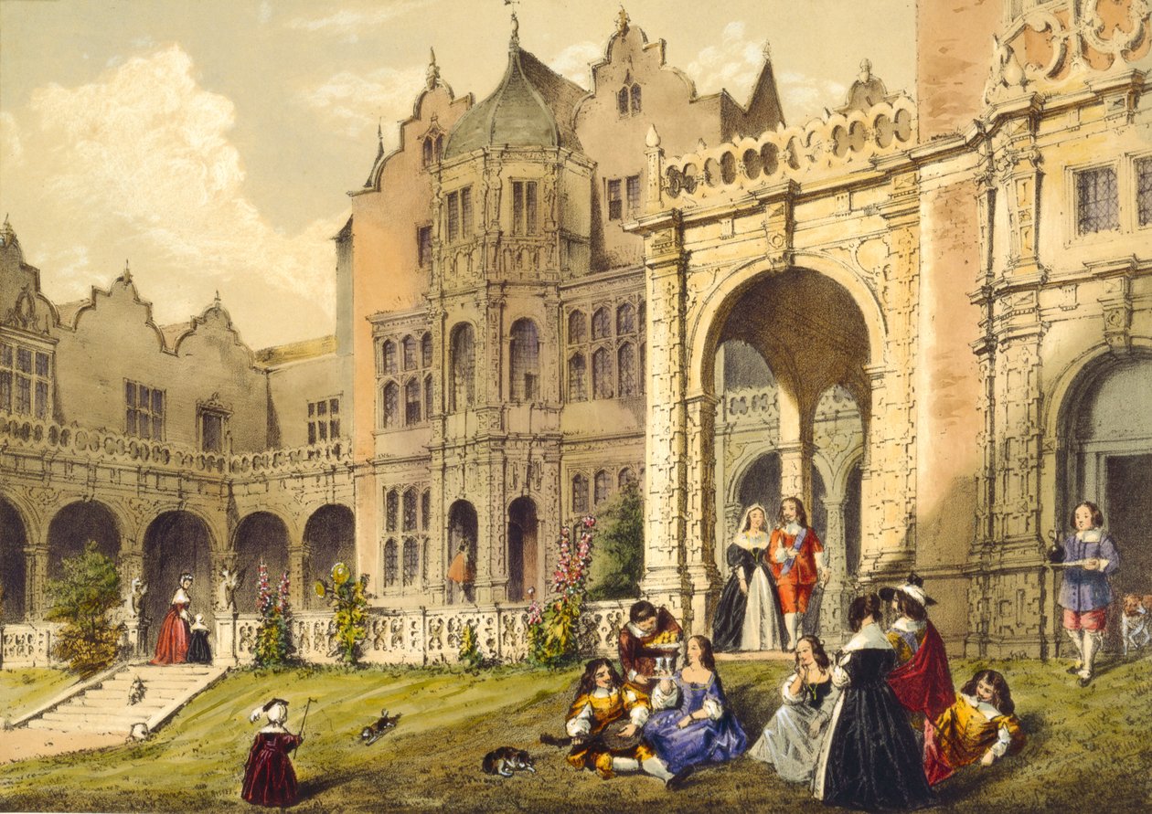 Teras çimenliğinde serinletici, Holland House, Kensington, 'Orta Çağ'da Mimarlık', 1838 by Joseph Nash