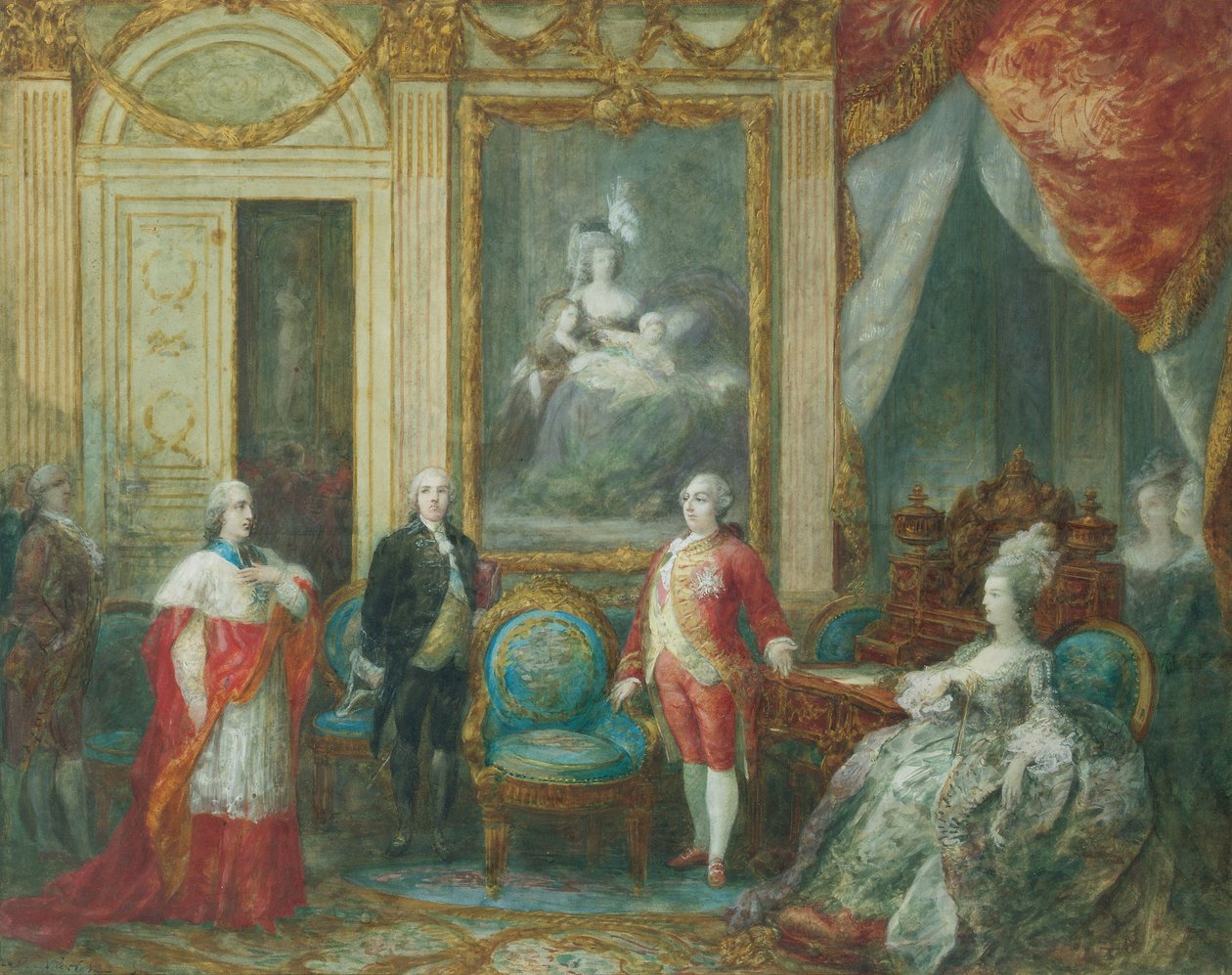 Louis XVI ve karısı Marie Antoinette bir kardinal alırken by Joseph Navlet