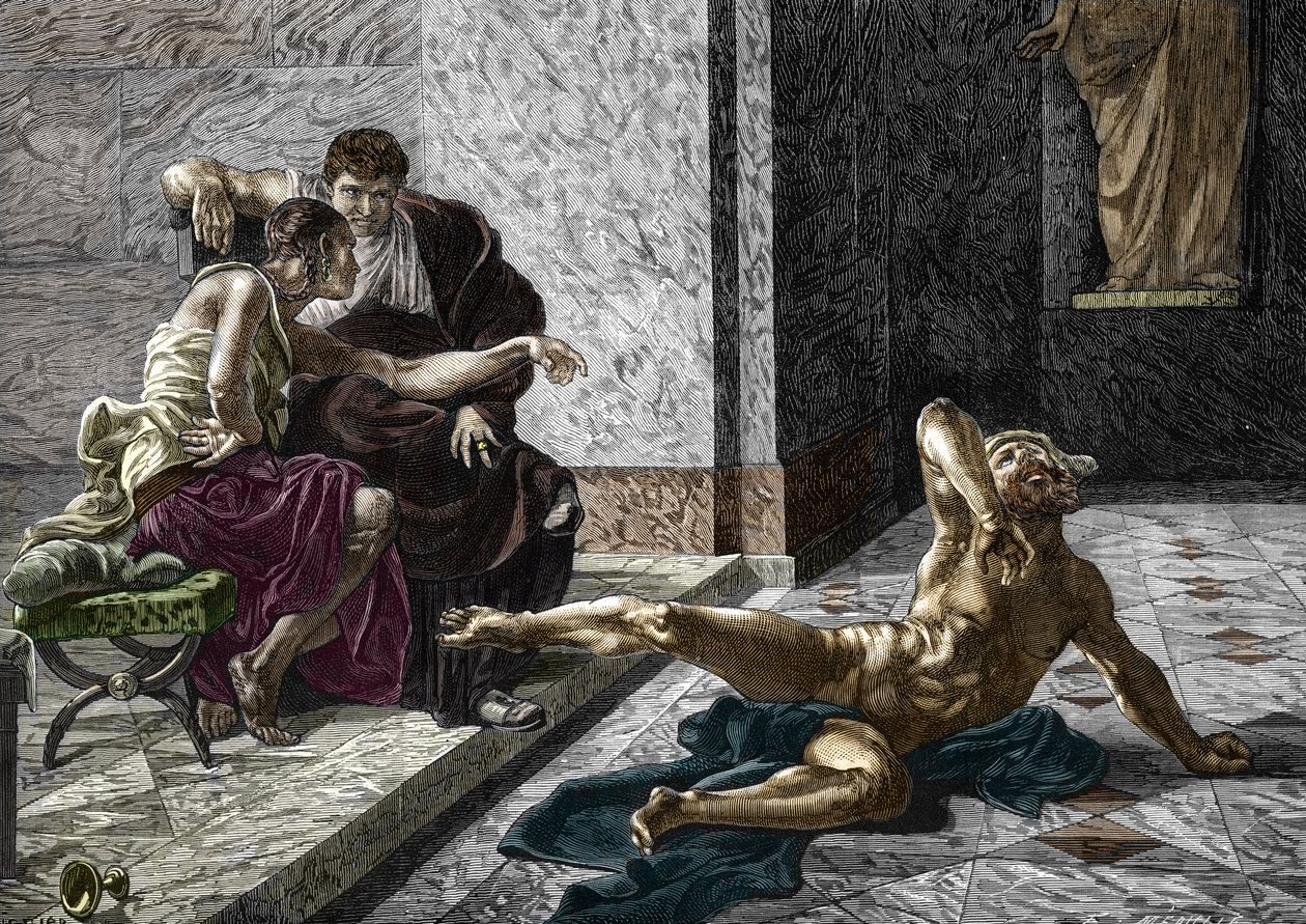 İmparator Nero'nun (37-68) yanında kardeşi Britannicus'a (41-55) yönelik bir zehri kölelerinden biri üzerinde deneyen Romalı zehirleyici Locust'un tasviri, 55 Joseph-Noel Sylvestre'nin (1847-1926) bir tablosundan sonra oyma ) 1876 (Romalı z by Joseph Noel (after) Sylvestre