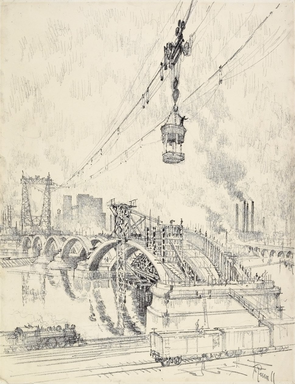 Köprünün İnşası, Minneapolis, 1915 by Joseph Pennell