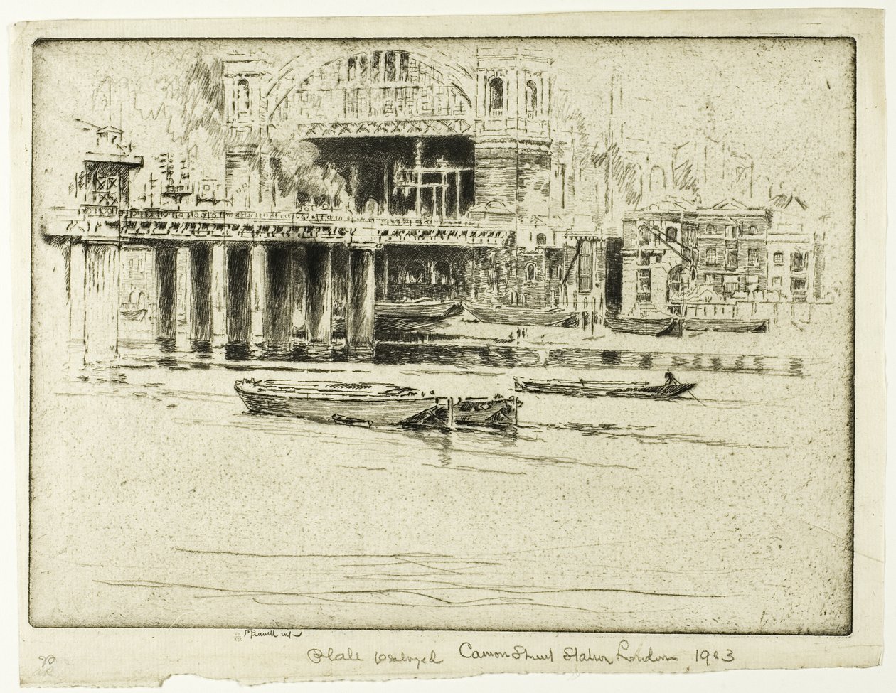 Cannon Street İstasyonu, nehirden by Joseph Pennell