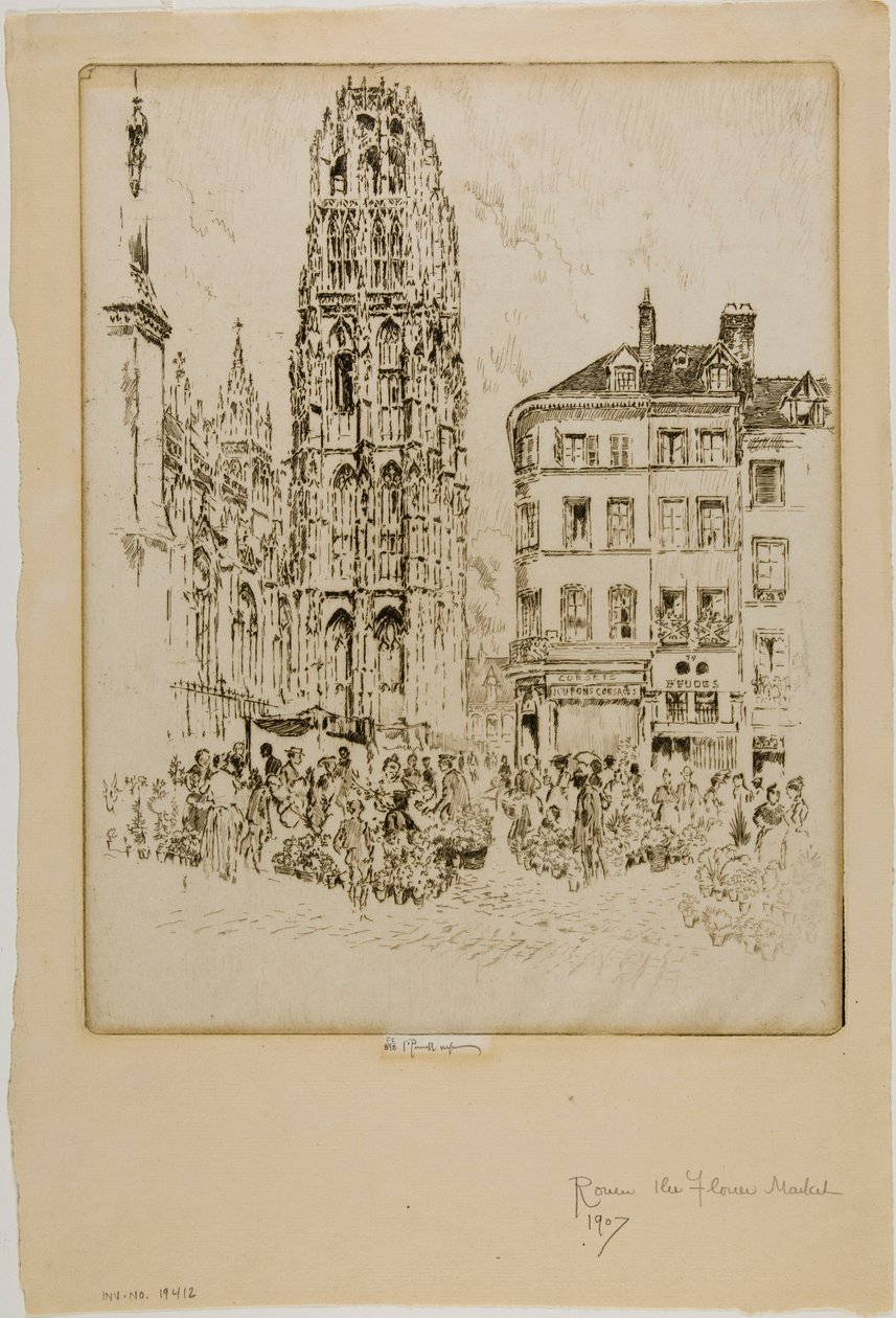 Çiçek Pazarı ve Tereyağı Kulesi, Rouen by Joseph Pennell