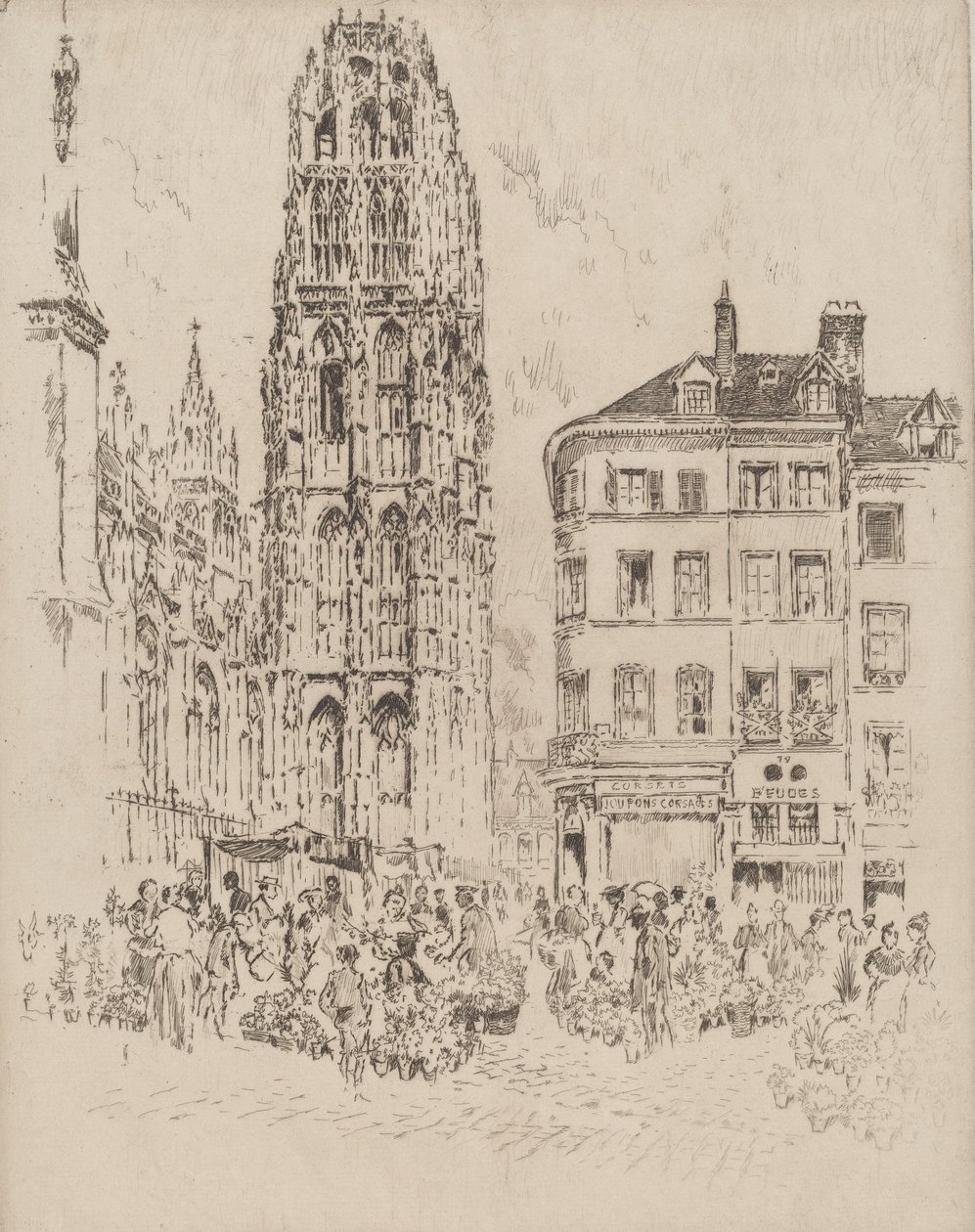 Çiçek Pazarı ve Tereyağı Kulesi, Rouen, 1907. by Joseph Pennell