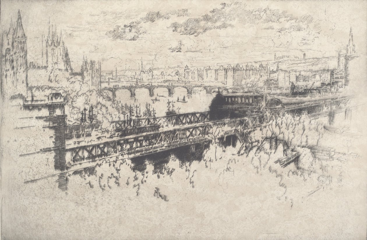 Londra, Charing Cross Köprüsü üzerinde, 1910. by Joseph Pennell