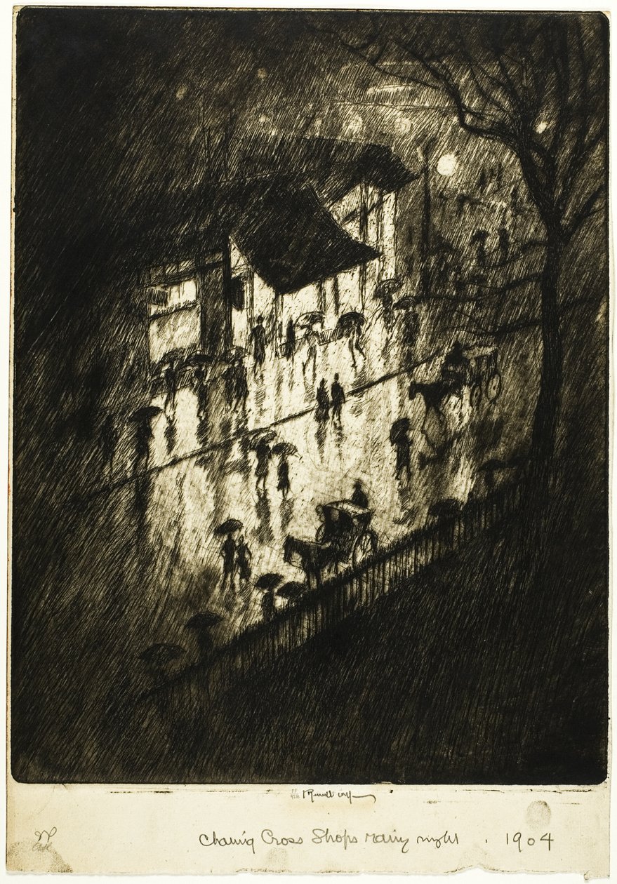 Yağmurlu Gece, Charing Cross Shoplar by Joseph Pennell