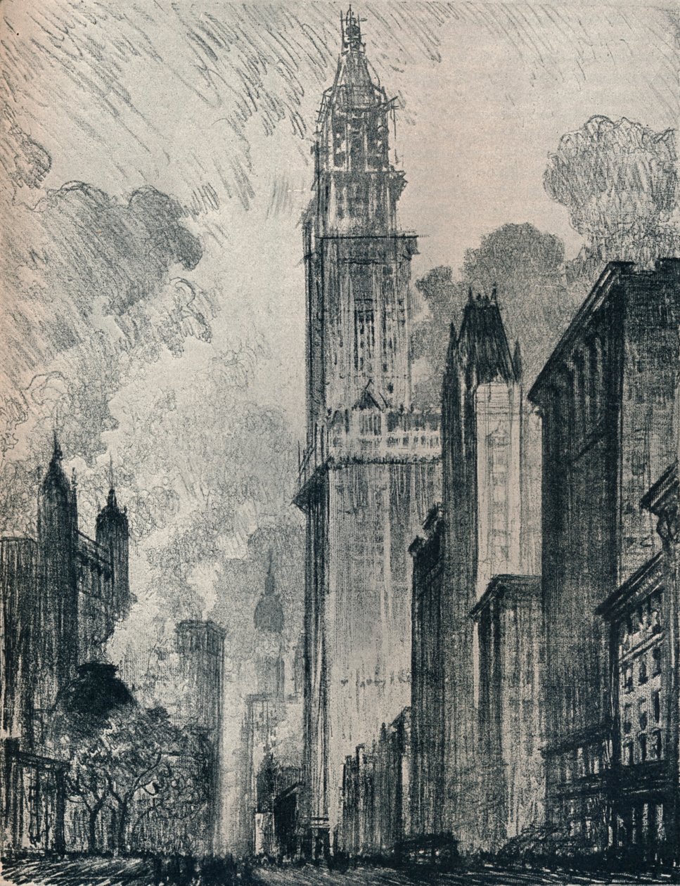 Broadway ve Woolworth Binası, New York, 1912 by Joseph Pennell
