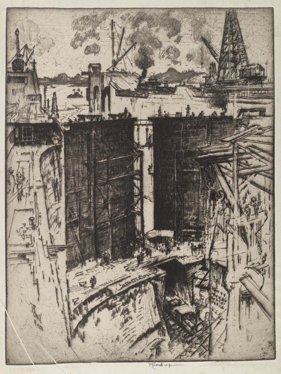 Muhafız Kapısı, Gatun Kilidi, Panama, 1912 (kağıt üzerine gravür) by Joseph Pennell