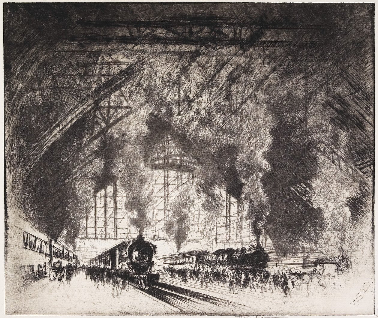 Gelen Trenler ve Giden Trenler, Pennsylvania Demiryolu, Philadelphia, 1919 by Joseph Pennell