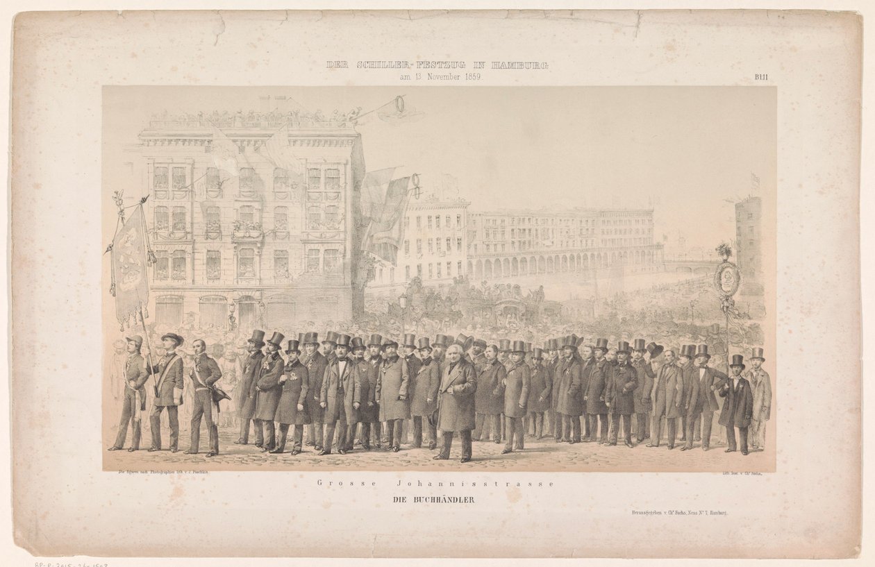 Optocht van boekhandelaren te Hamburg Grosse Johannisstrasse / Kitapçılar (nesne üzerine başlık) Hamburg'da Optocht tere van Friedrich von Schiller (dizi başlığı) Hamburg'daki Schiller yarışması (nesne üzerine dizi başlığı) by Joseph Puschkin
