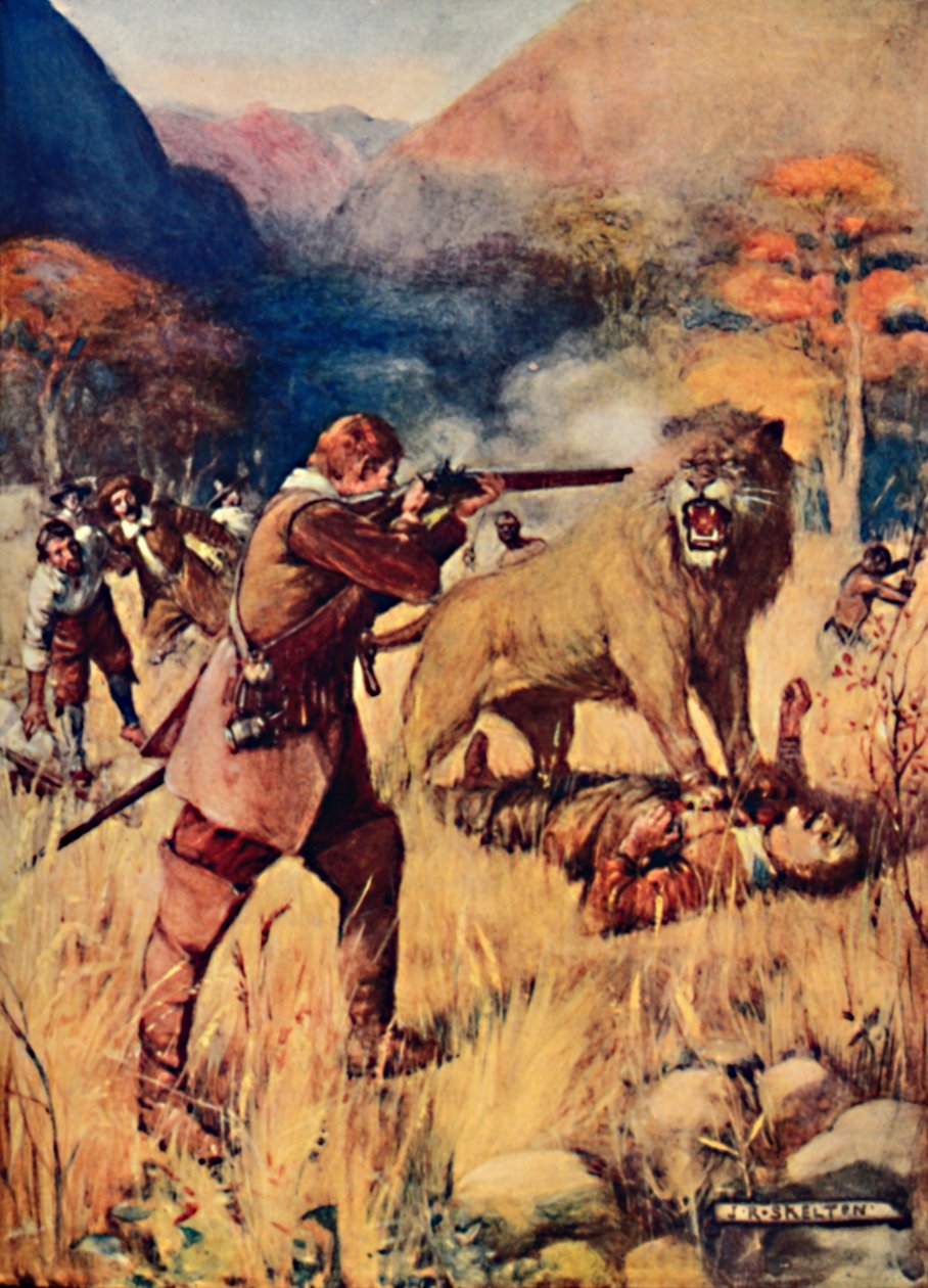 İnsanlardan birinin üzerine Büyük Bir Aslan fırladı, 1909 by Joseph Ratcliffe Skelton