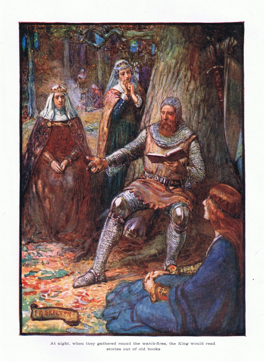 Geceleri nöbetçi ateşlerinin etrafında toplandıklarında, kral eski kitaplardan hikayeler okurdu., 1910 by Joseph Ratcliffe Skelton