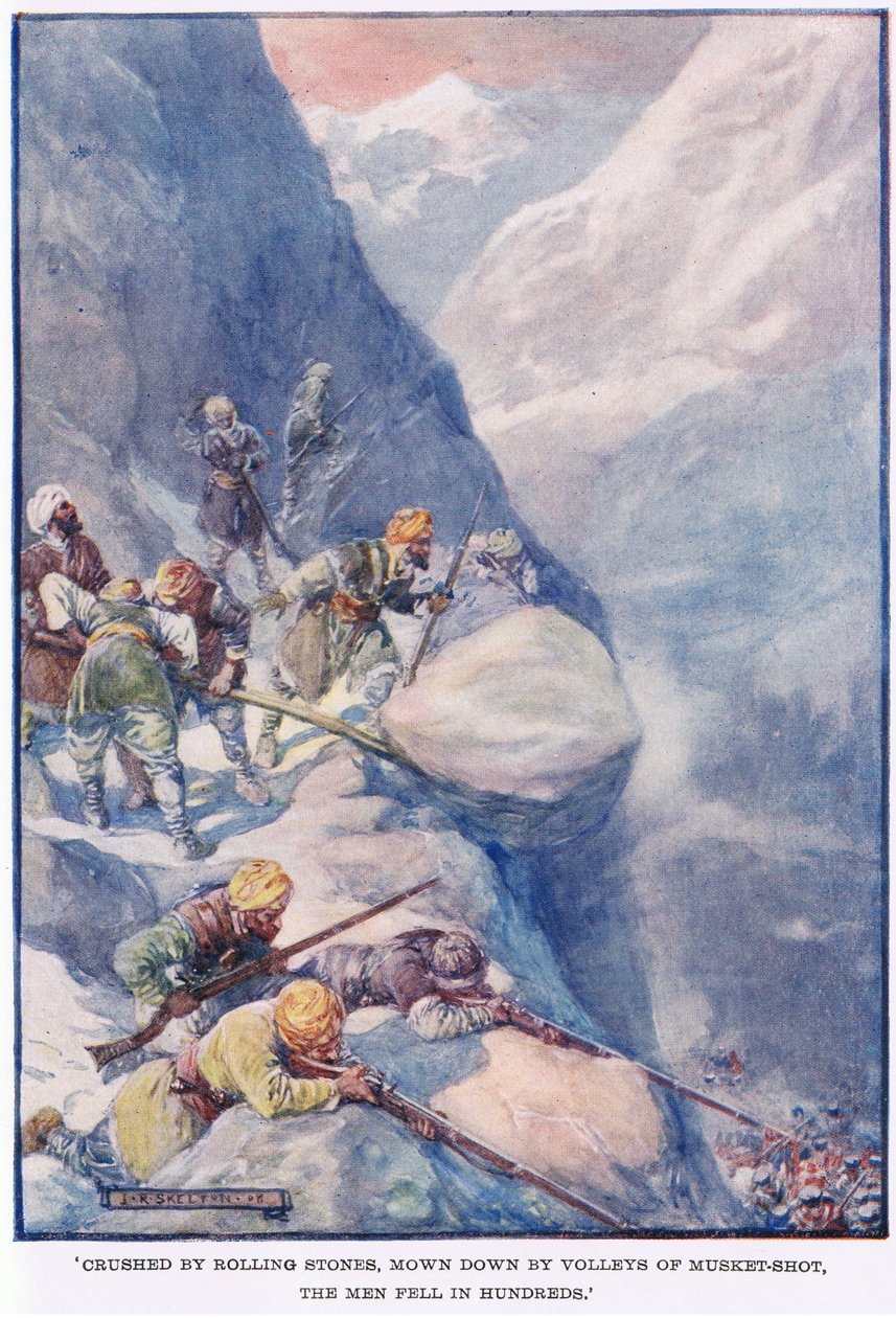 Yuvarlanan taşlar tarafından ezilen, tüfek atışlarının yaylım ateşi tarafından biçilen adamlar yüzlerce yere düştüler. by Joseph Ratcliffe Skelton