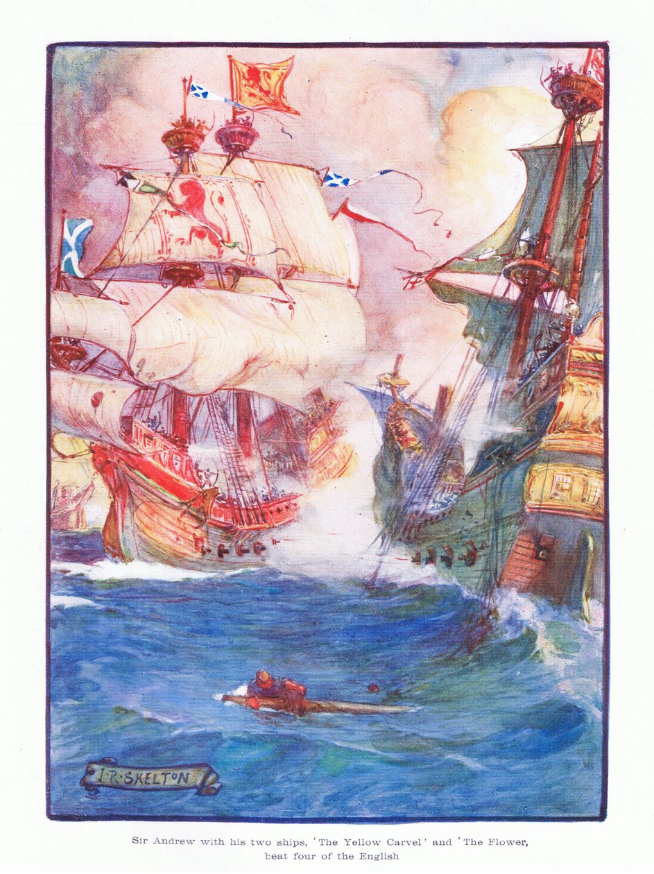 Sir Andrew, iki gemisi olan Yellow Carvel ve Flower ile birlikte beş İngiliz gemisini yendi, 1910 by Joseph Ratcliffe Skelton