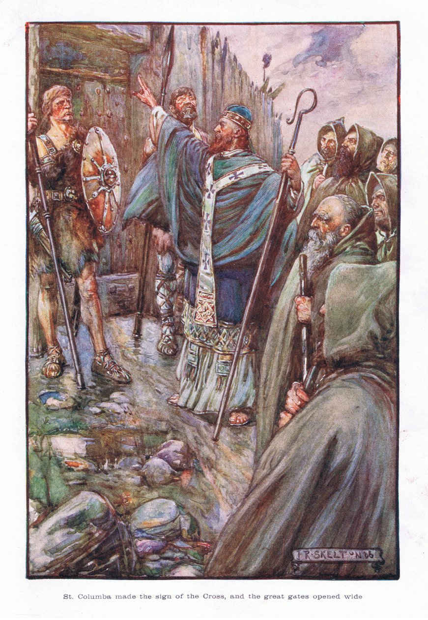 Aziz Columba haç işareti yaptı ve büyük kapılar ardına kadar açıldı, 1910 by Joseph Ratcliffe Skelton