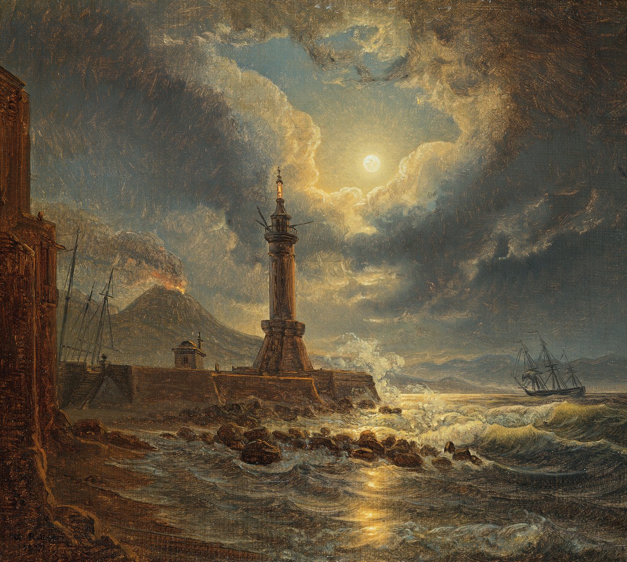 Ay ışığında Napoli limanında deniz feneri by Joseph Rebell