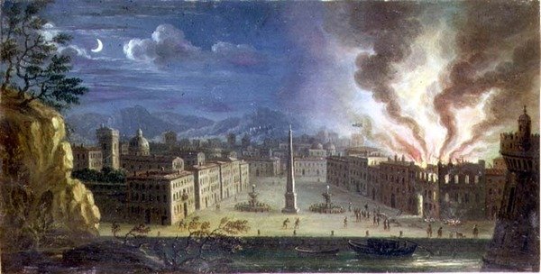 Geceleri yanan bir bina ile bir İtalyan limanında bir meydan by Joseph Ruiz