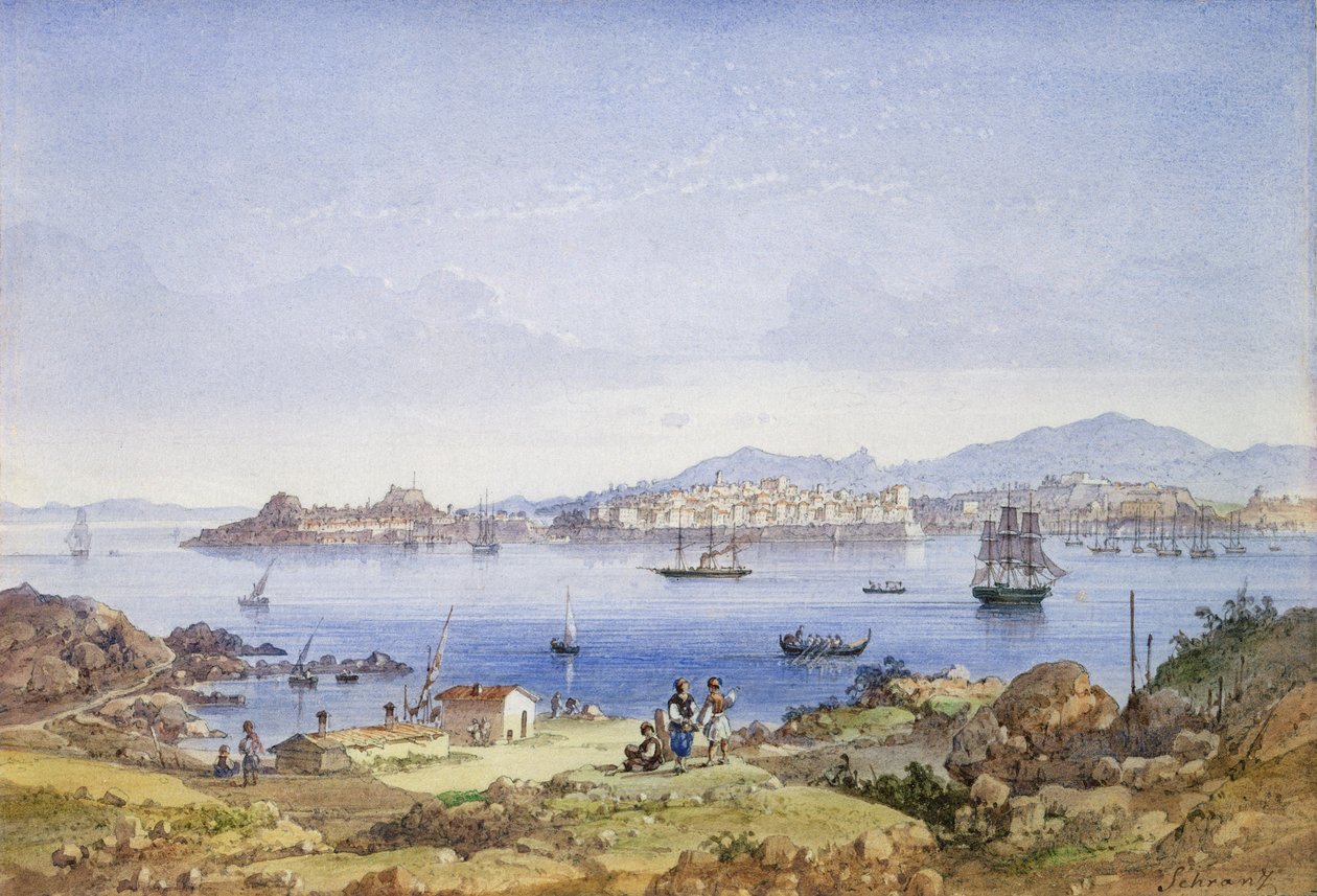 Vido Adası'ndan Korfu, c.1845 (kağıt üzerinde kurşun kalem üzerinde wc) by Joseph Schranz