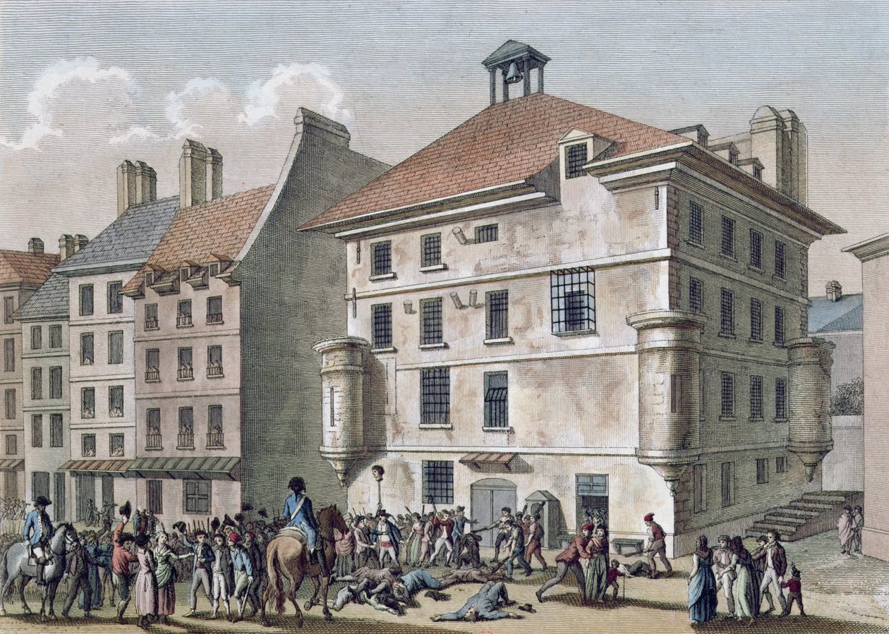 Eylül Katliamları: St. Germain des Pres yakınlarındaki Abbaye Hapishanesindeki Katliam, 2-5 Eylül 1792, Reinier Vinkeles (1741-1816) ve Daniel Vrydag (1765-1822) (renkli gravür) by Joseph Swebach Desfontaines