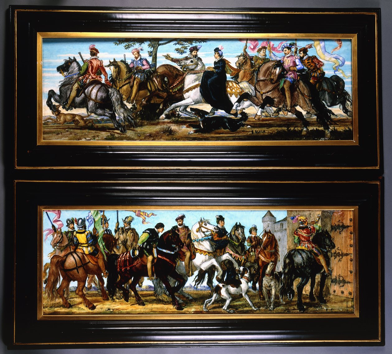 Avcıların av köpekleriyle ortaçağ sahnelerini betimleyen bir çift çanak çömlek duvar levhası by Joseph Theodore Deck