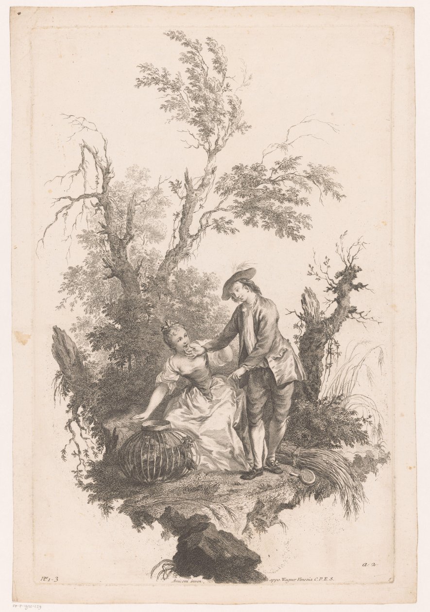 Bir sepet kümes hayvanları ile kadın ve erkek Yaz Four Seasons (dizi adı) by Joseph Wagner (possibly)