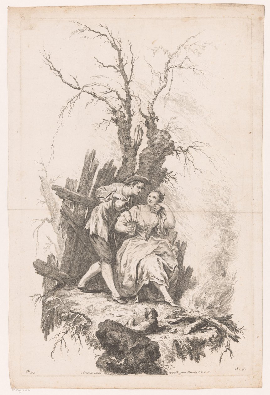 Ateşin yanında köpek olan kadın ve erkek Kış mevsimi Four Seasons (dizi adı) by Joseph Wagner (possibly)