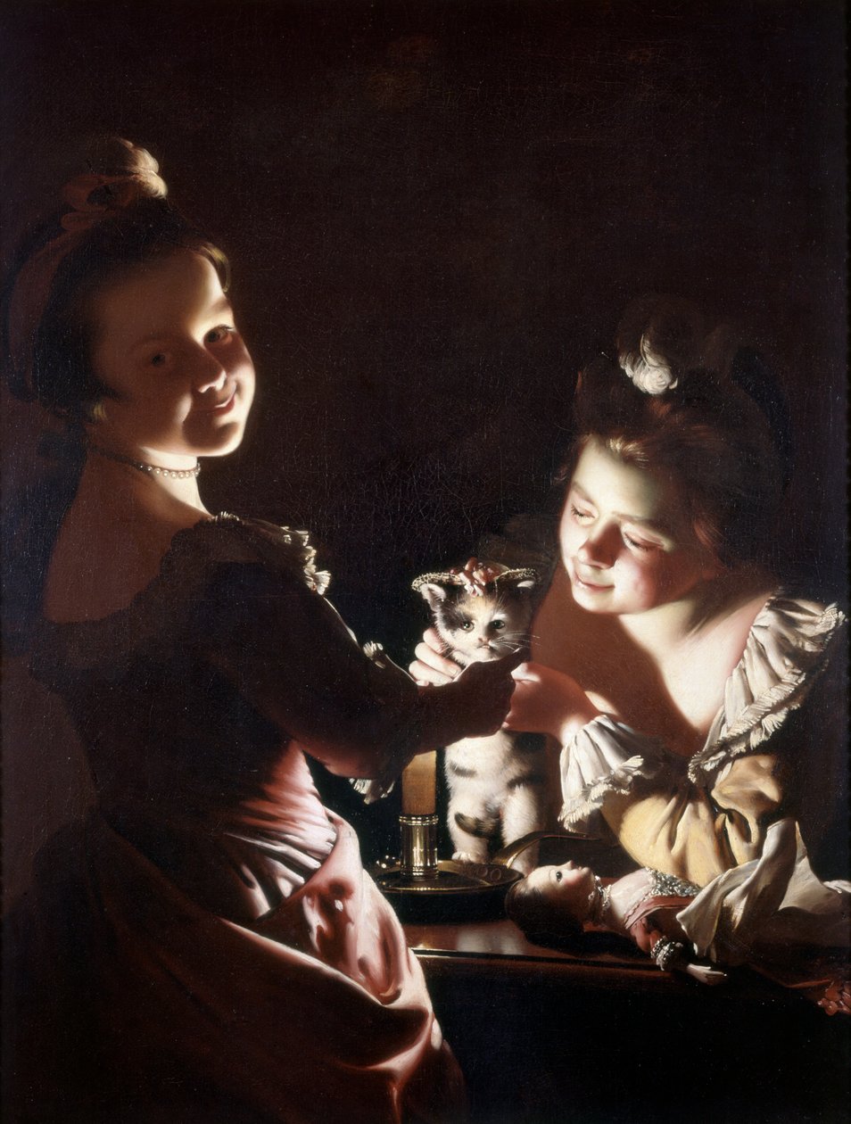Kediyi Giydirmek, 1768-70 dolayları (tuval üzerine yağlıboya) by Joseph Wright of Derby