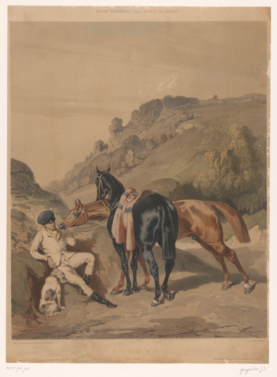 Bir manzara içinde dinlenme binici ile iki at Alfred de Dreux