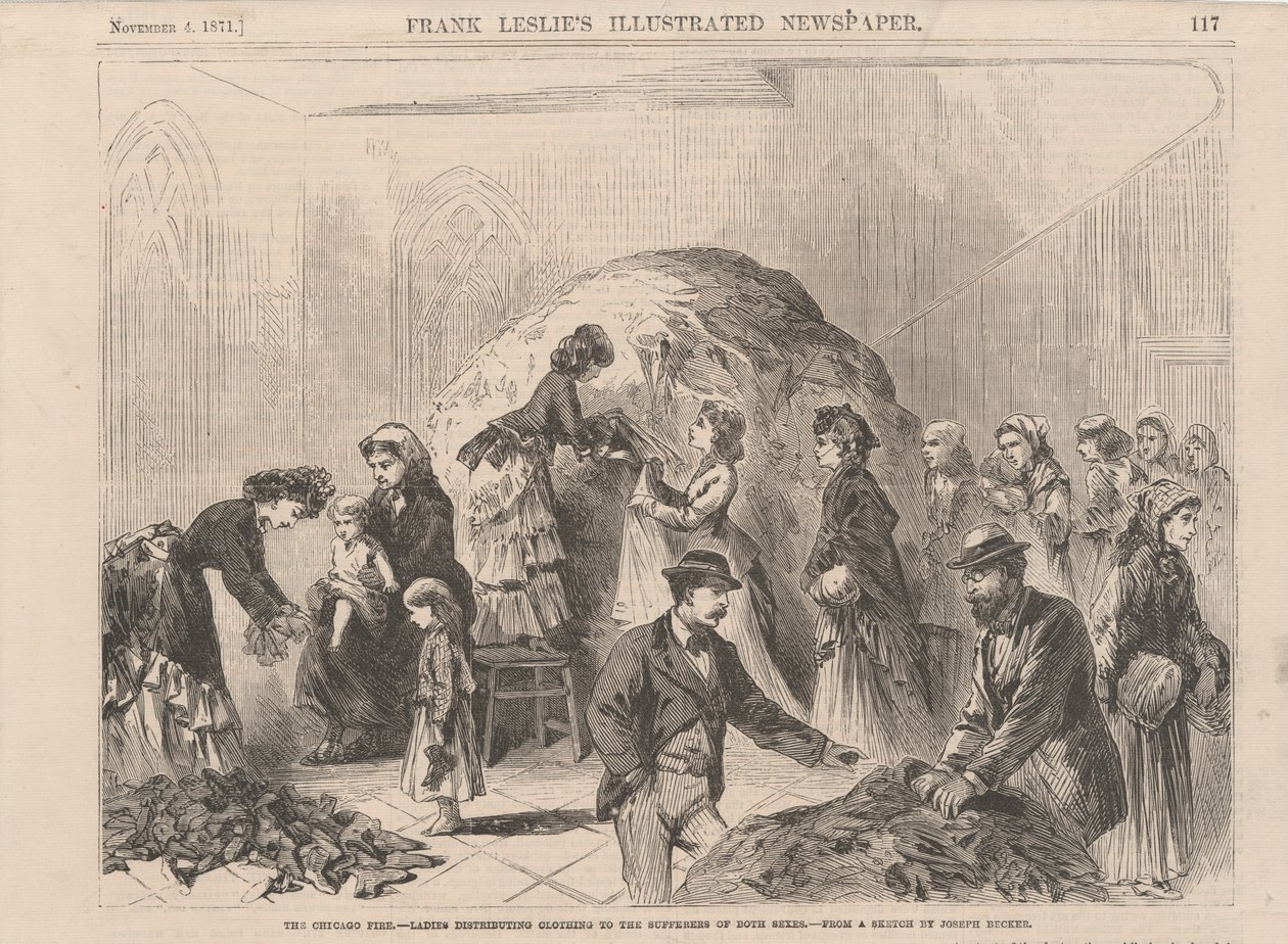 Chicago Fire: her iki cinsiyetten hastalara giysi dağıtan bayanlar, Frank Leslies Illustrated Gazetesinden bir çizim, 1871 by Joseph after Becker