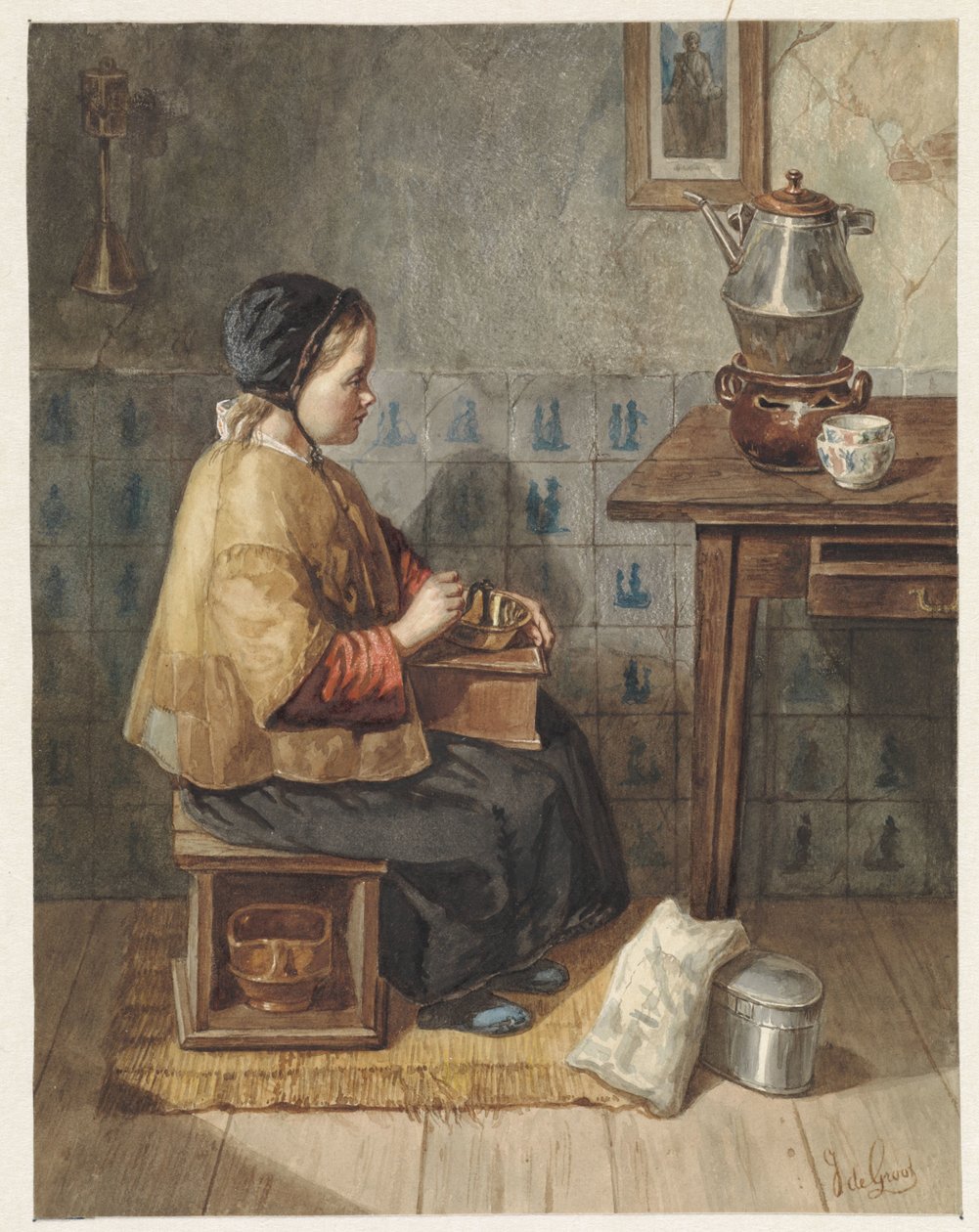 Bir soba üzerinde oturan kız by Joseph de Groot