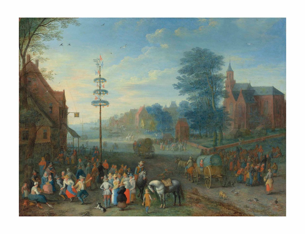 Bir direğinin etrafında dans eden figürlerin olduğu bir köy kermesi (bakır üzerine yağ) by Joseph van Bredael