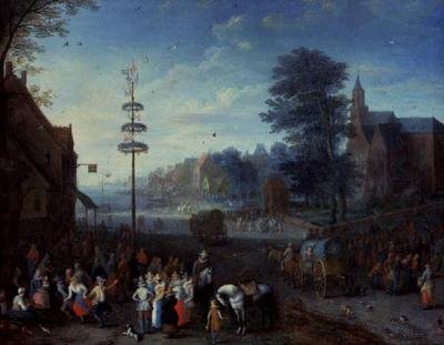 Bir direğin etrafında dans eden köylüler ve bir yolda gezginler ile köy kermesse by Joseph van Bredael
