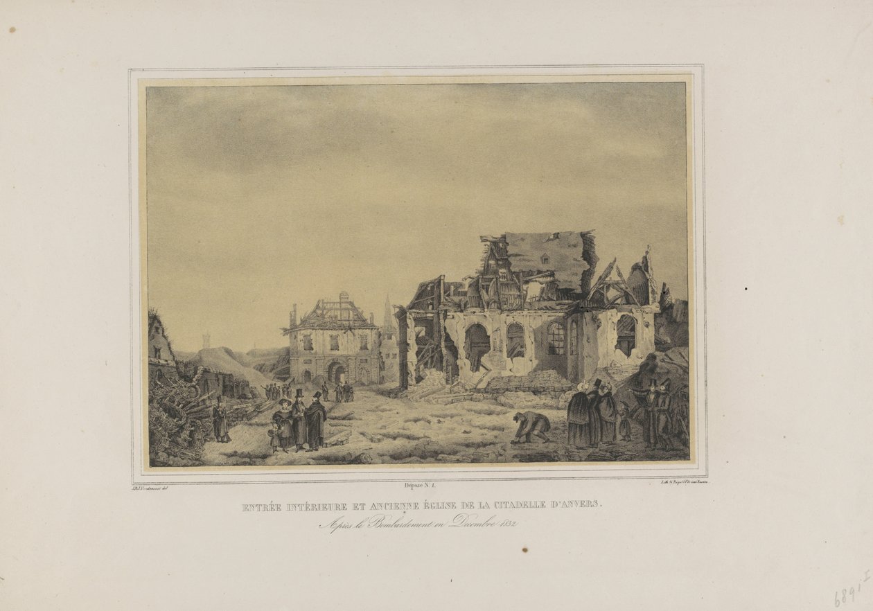 Poort en kerk de Citadel van Antwerpen, 1832 Antwerp Kalesi'nin iç girişi ve eski kilisesi. Aralık 1832'deki Bombardımandan Sonra (nesne üzerinde başlık) Antwerp Kalesi'nin İç Harabelerinin Yedi Görünümü Albümü (dizi başlığı) by Joseph van den Nest