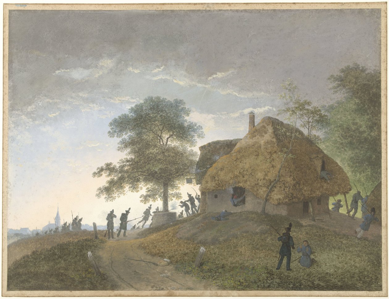 Bir handa veya tepedeki sazdan evde savaş by Josephus Augustus Knip