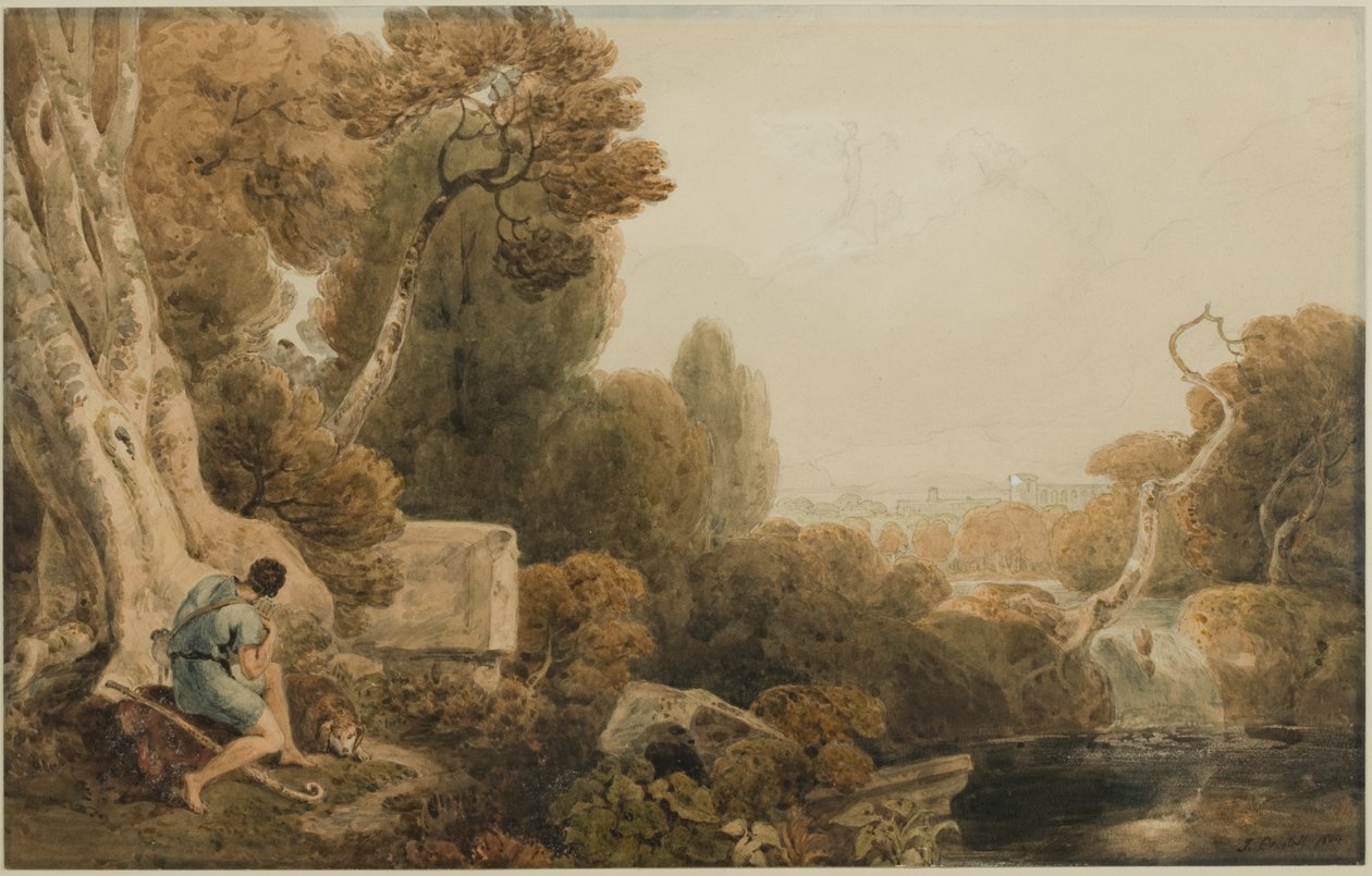Arabasında Pastoral Figürler ve Aurora ile Klasik Şafak Manzarası, 1804 (kağıt üzerinde kalem ve tuvalet) by Joshua Cristall