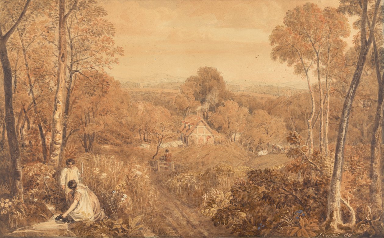 Kulübeler ve Taşralı Kadınlarla Ormanlık Manzara, Hurley, Berkshire by Joshua Cristall