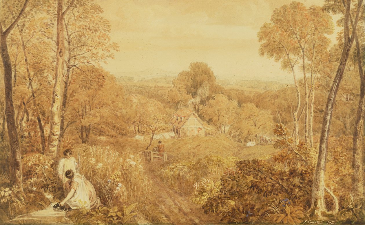 Kulübeler ve taşra kadınları ile ormanlık manzara, Hurley, Berks, 1818 (kağıt üzerinde grafit üzerinde wc) by Joshua Cristall