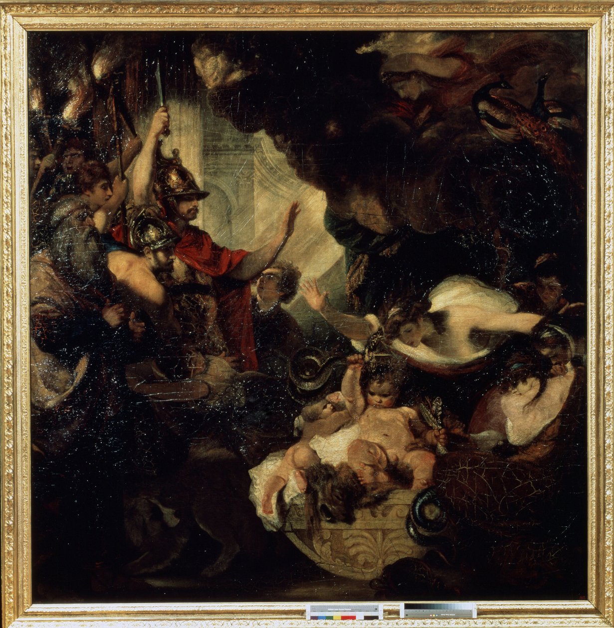 Bebek Herkül Yılanları Boğuyor Temsil edilen karakterler arasında: kahin Tiresias (solda) ve tavus kuşlu tanrıça Juno (Hera) (sağ üstte). Sir Joshua Reynolds (1732-1792) tarafından yapılan boyama by Joshua Reynolds