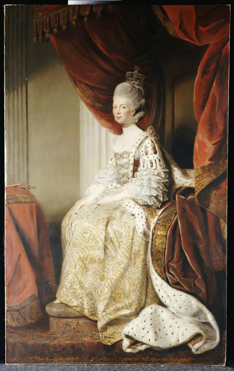 Kraliçe Charlotte portresi, tam boy, devlet cübbesi içinde oturuyor by Joshua Reynolds