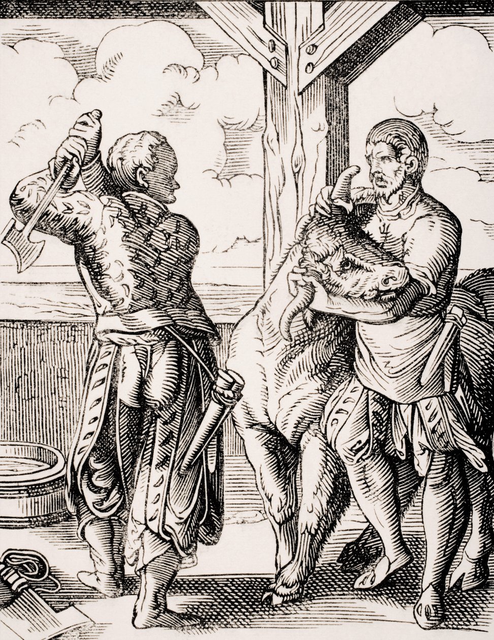 Kasap ve Yardımcısı, Paul Lacroix'in (1806-84) 'Le Moyen Age et La Renaissance' adlı eserinden Jost Amman'ın (1539-91) 16. yüzyıla ait bir gravürünün reprodüksiyonu, 1847'de yayınlandı (lito) by Jost (after) Amman