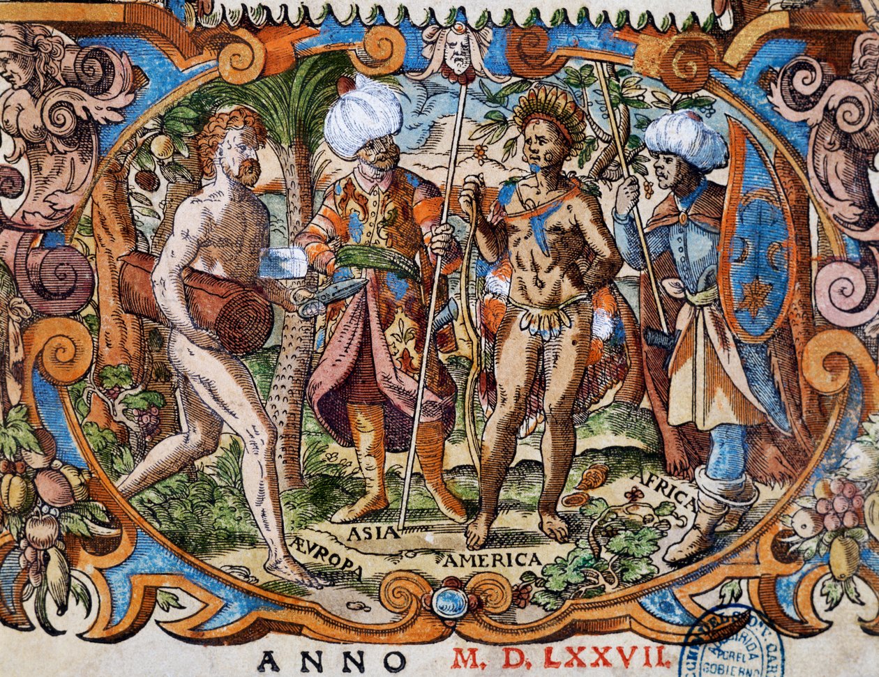Dört kıta, başlık sayfasından detay, Jost Amman (1539-1591) tarafından yapılan gravür by Jost Amman