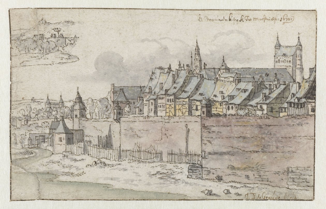 Arka planda Onze-Lieve-Vrouwekerk ile Maastricht Duvarlarının Görünümü by Josua de Grave