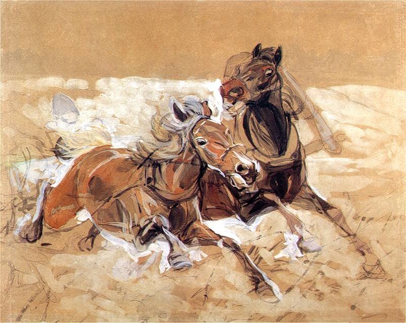 Kurtlar saldırısını resmetmek için atlar taslak by Jozef Marian Chemonski